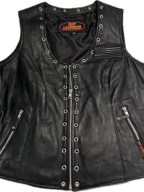 Black Leather Women's Motorcycle Vest with Eyelet Detail
